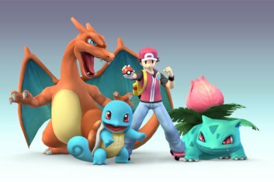 Entrenador Pokémon, junto a su equipo: Squirtle, Ivysaur y Charizard